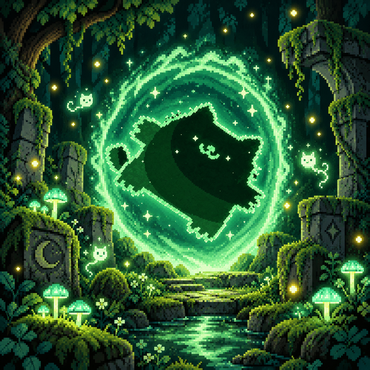 pumpcat inside the magical forest portal