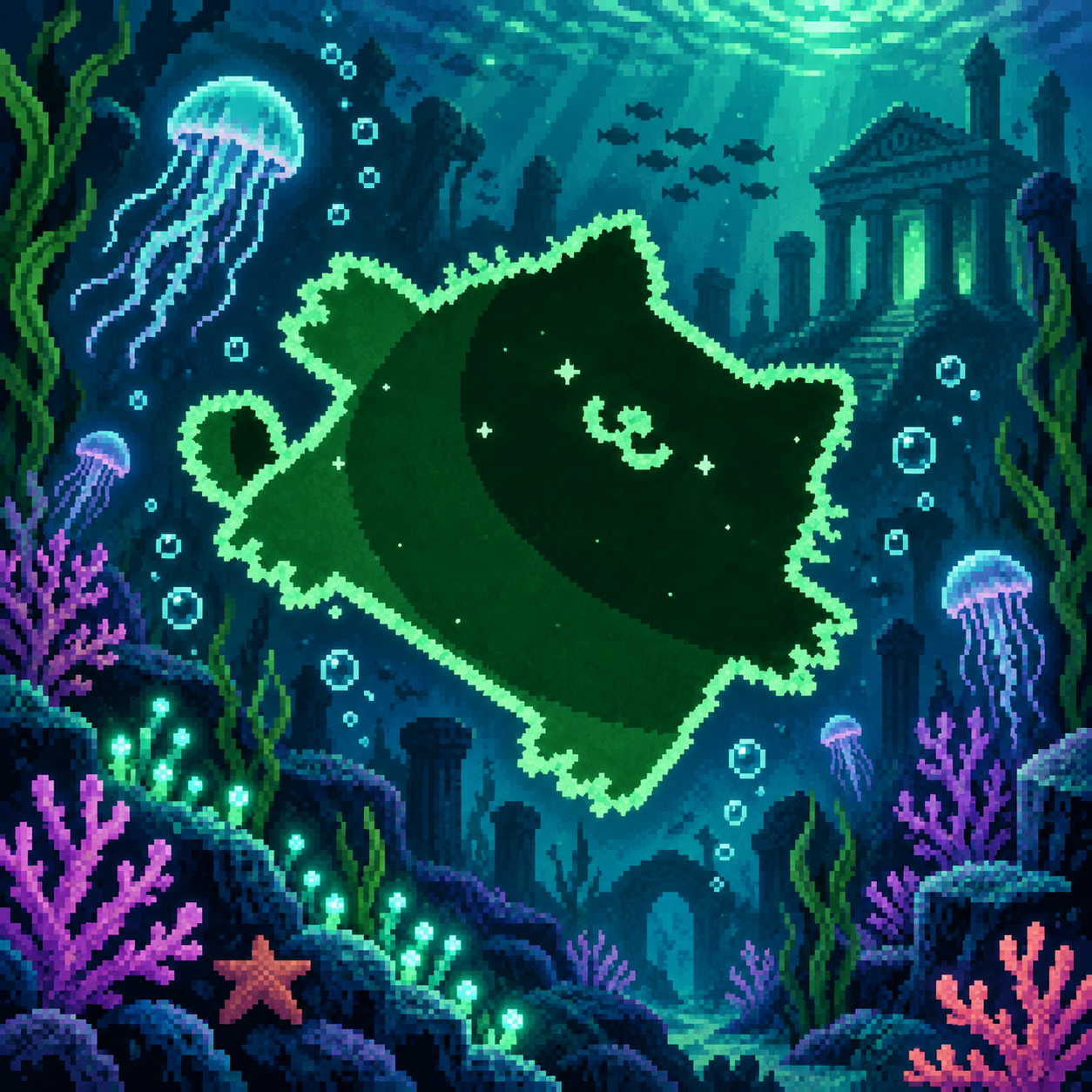 pumpcat swimming through underwater ruins