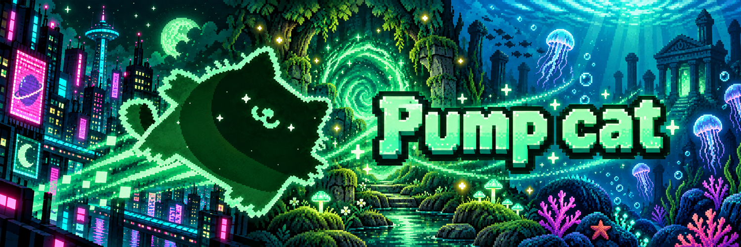 pumpcat travelling from the neon city through the forest portal into the underwater ruins
